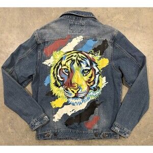 Victorious Tiger Mens Small Jean Jacket Denim Button Collared Long Sleeves